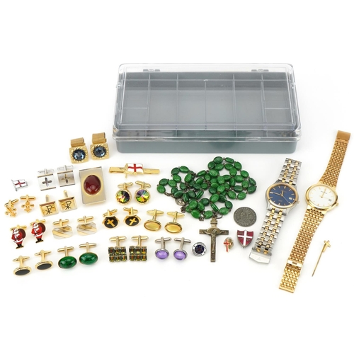 2731 - Costume jewellery including a malachite colour glass rosary bead necklace, cufflinks and wristwatche... 