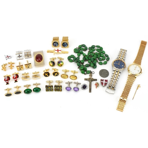 2731 - Costume jewellery including a malachite colour glass rosary bead necklace, cufflinks and wristwatche... 