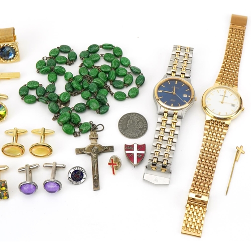 2731 - Costume jewellery including a malachite colour glass rosary bead necklace, cufflinks and wristwatche... 