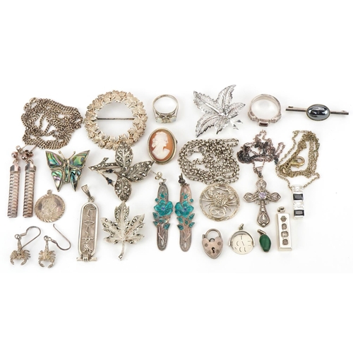 2663 - Silver jewellery including marcasite brooches, pair of scorpion earrings, I Love You spinner charm a... 