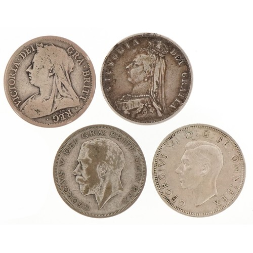 601 - Queen Victoria half crowns dates 1887 and 1900, George V half crowns dates 1923 and 1924 and George ... 