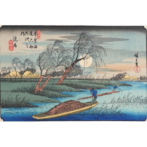 124 - Ten Japanese woodblock prints housed in a gilt folder with artists signature, each mounted, each 34c... 