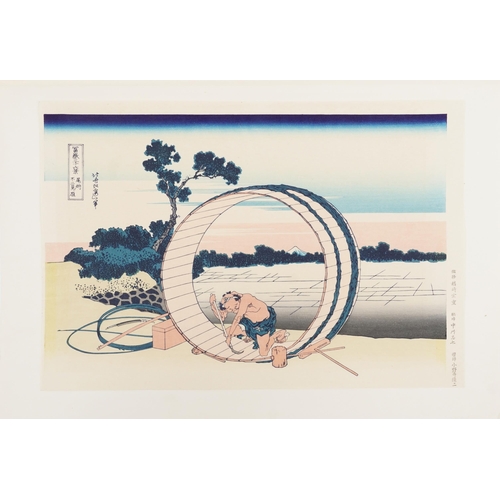 124 - Ten Japanese woodblock prints housed in a gilt folder with artists signature, each mounted, each 34c... 