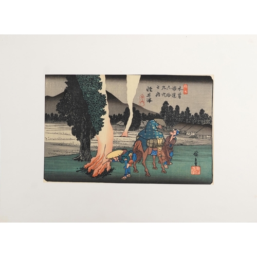 124 - Ten Japanese woodblock prints housed in a gilt folder with artists signature, each mounted, each 34c... 