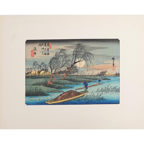 124 - Ten Japanese woodblock prints housed in a gilt folder with artists signature, each mounted, each 34c... 