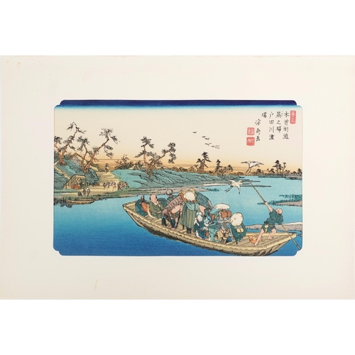 124 - Ten Japanese woodblock prints housed in a gilt folder with artists signature, each mounted, each 34c... 