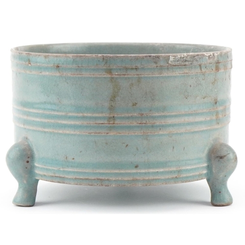 1410 - Chinese porcelain tripod censer having a blue crackle glaze, 10cm high x 15.5cm in diameter