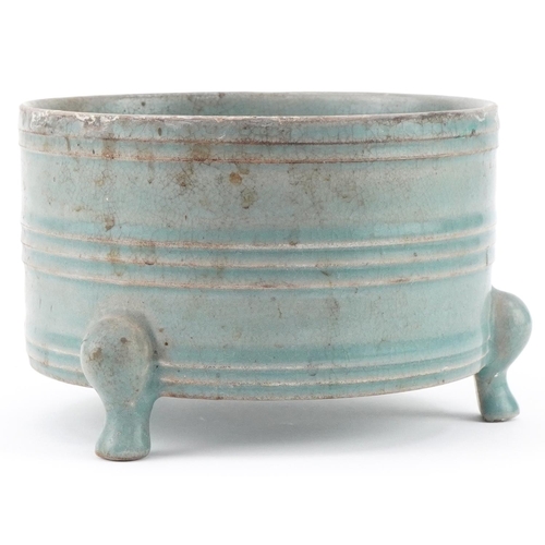 1410 - Chinese porcelain tripod censer having a blue crackle glaze, 10cm high x 15.5cm in diameter