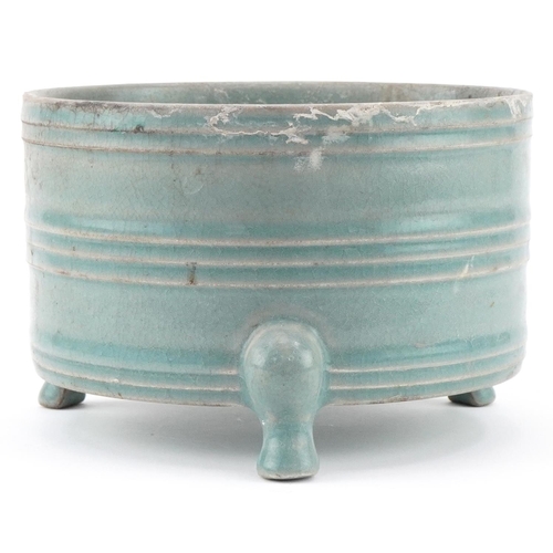 1410 - Chinese porcelain tripod censer having a blue crackle glaze, 10cm high x 15.5cm in diameter