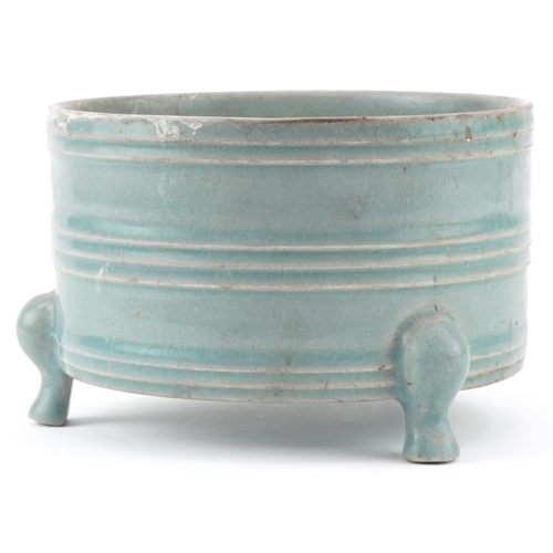 1410 - Chinese porcelain tripod censer having a blue crackle glaze, 10cm high x 15.5cm in diameter