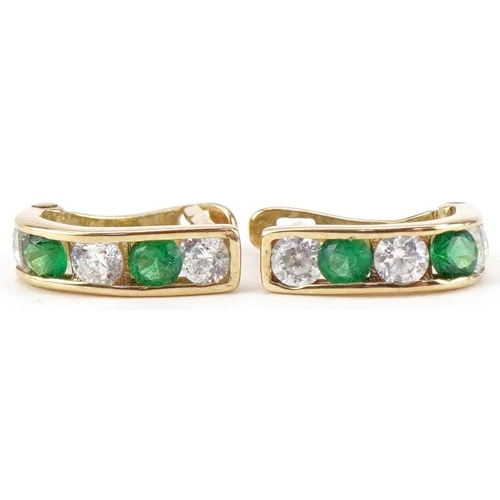 2431 - Pair of 9ct gold cubic zirconia and green stone hoop earrings, each 9.5mm high, total 0.7g