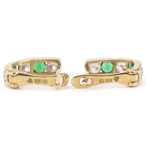 2431 - Pair of 9ct gold cubic zirconia and green stone hoop earrings, each 9.5mm high, total 0.7g