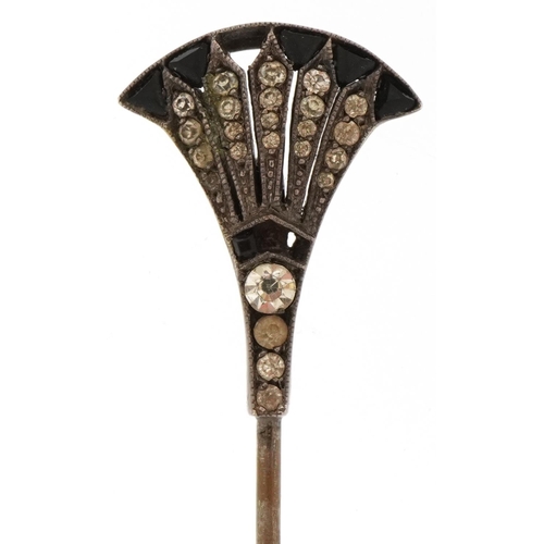 2256 - Art Deco unmarked silver and white metal black onyx and clear stone stickpin housed in a W White jew... 