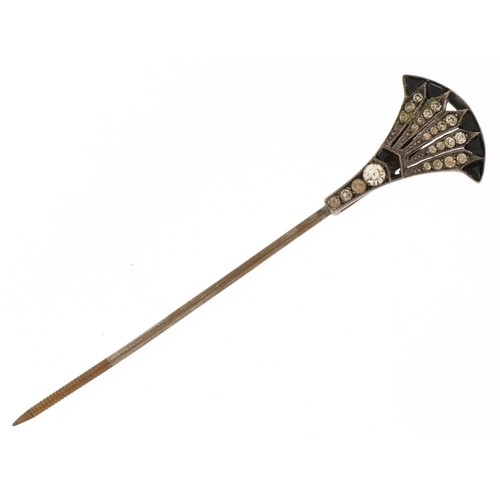 2256 - Art Deco unmarked silver and white metal black onyx and clear stone stickpin housed in a W White jew... 