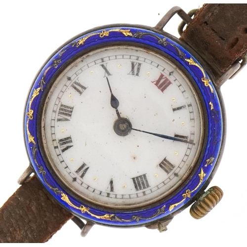 2683 - Antique ladies silver and blue enamel manual wind wristwatch having enamelled dial with Roman numera... 