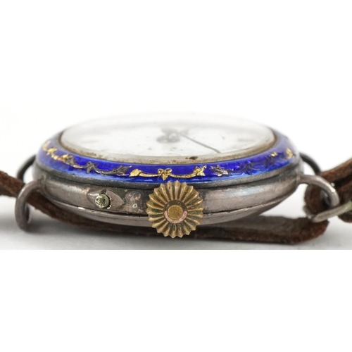 2683 - Antique ladies silver and blue enamel manual wind wristwatch having enamelled dial with Roman numera... 