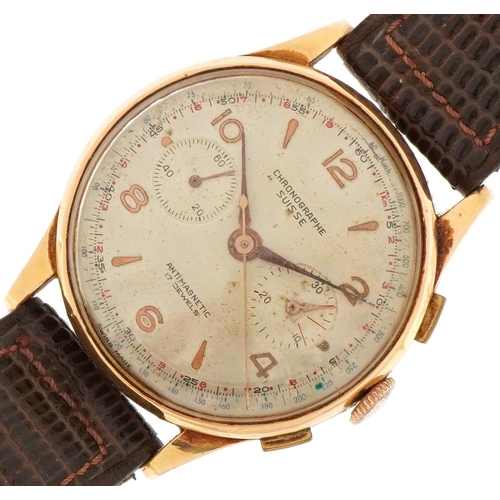 2087 - Gentlemen's 18ct gold chronograph manual wind wristwatch having silvered dial with Arabic numerals, ... 