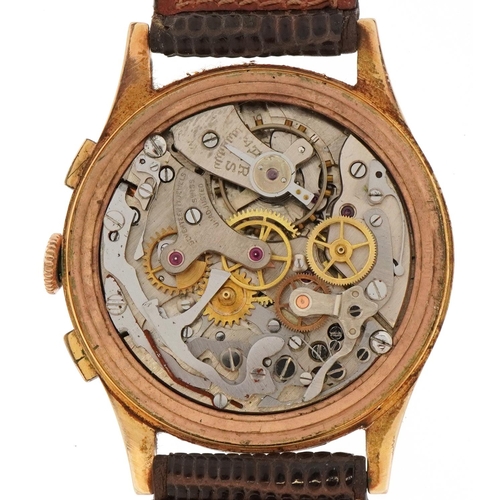 2087 - Gentlemen's 18ct gold chronograph manual wind wristwatch having silvered dial with Arabic numerals, ... 