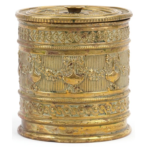 303 - Victorian brass string box with swag and bow design, 9cms high