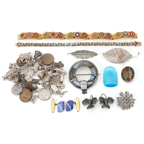 2726 - Antique and later jewellery including a heavy silver charm bracelet with a large collection of mostl... 