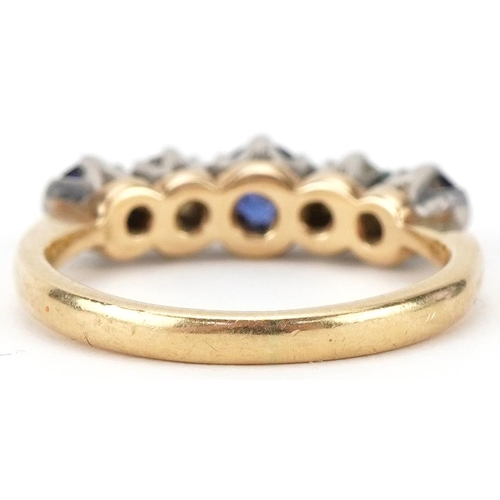 2296 - 18ct gold diamond and sapphire five stone ring, each diamond approximately 3.0mm in diameter, the ce... 