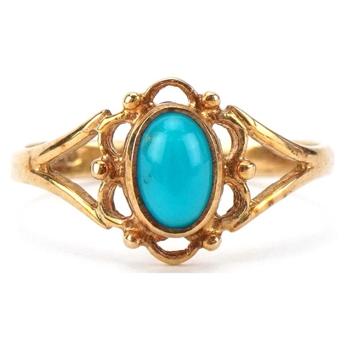 2248 - 9ct gold cabochon turquoise ring with pierced setting, size I/J, 1.5g