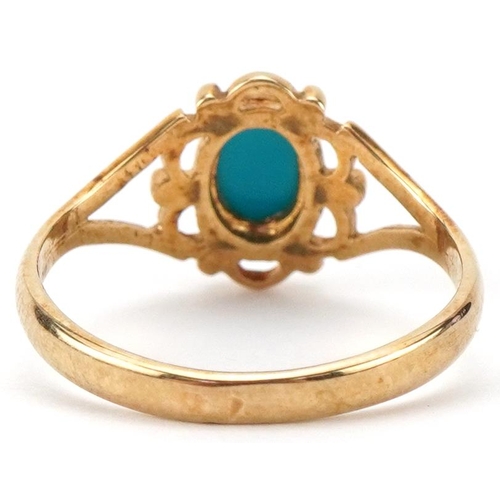 2248 - 9ct gold cabochon turquoise ring with pierced setting, size I/J, 1.5g