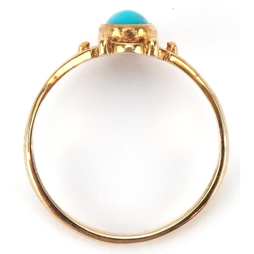 2248 - 9ct gold cabochon turquoise ring with pierced setting, size I/J, 1.5g