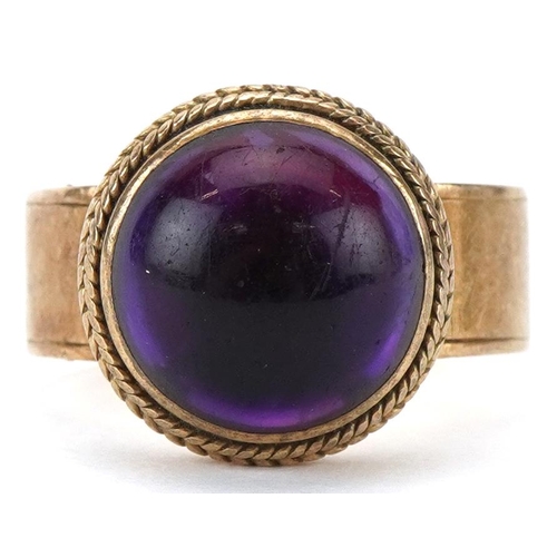 2015 - Modernist unmarked gold cabochon amethyst ring, tests as 9ct gold, size K, 8.0g