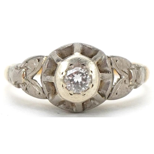 2097 - Art Deco 18ct gold and platinum diamond solitaire ring with pierced setting, the diamond approximate... 