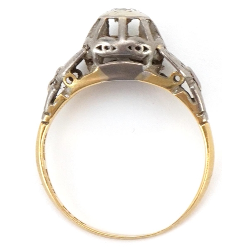 2097 - Art Deco 18ct gold and platinum diamond solitaire ring with pierced setting, the diamond approximate... 