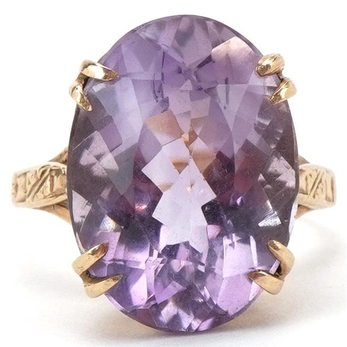 2257 - Large 9ct gold amethyst solitaire ring, the amethyst approximately 18.0mm x 13.10mm x 9.30mm deep, s... 