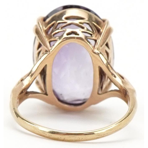 2257 - Large 9ct gold amethyst solitaire ring, the amethyst approximately 18.0mm x 13.10mm x 9.30mm deep, s... 