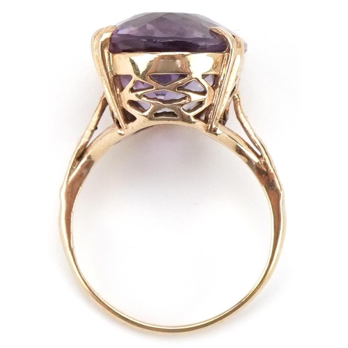 2257 - Large 9ct gold amethyst solitaire ring, the amethyst approximately 18.0mm x 13.10mm x 9.30mm deep, s... 