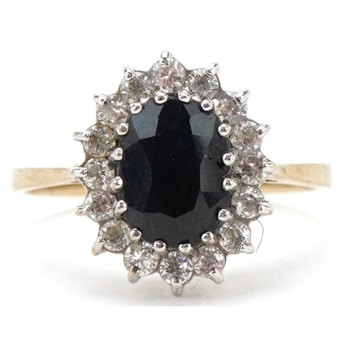 2237 - 9ct gold sapphire and clear stone cluster ring, size L, 2.1g