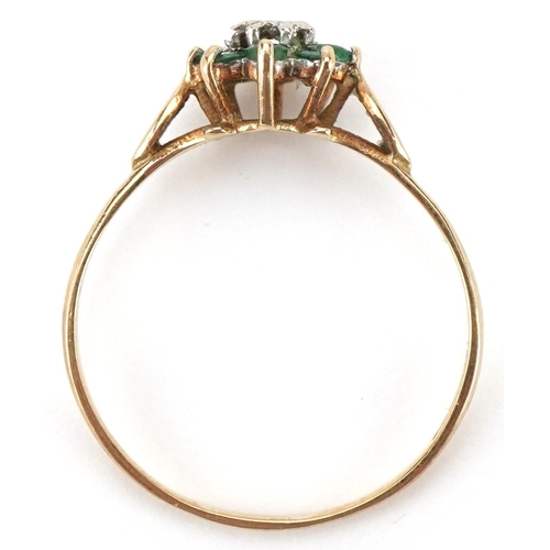 2235 - 9ct gold diamond and emerald flower head ring, size P, 1.3g