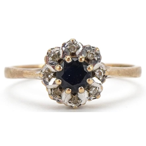 2264 - 9ct gold sapphire and diamond flower head ring, size J, 1.3g