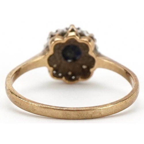 2264 - 9ct gold sapphire and diamond flower head ring, size J, 1.3g