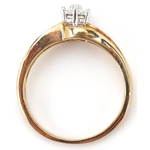 2013 - 9ct two tone gold diamond crossover ring, size P, 3.4g