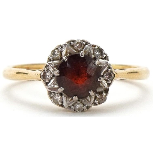 2272 - 18ct gold garnet and diamond cluster ring, size M, 2.8g