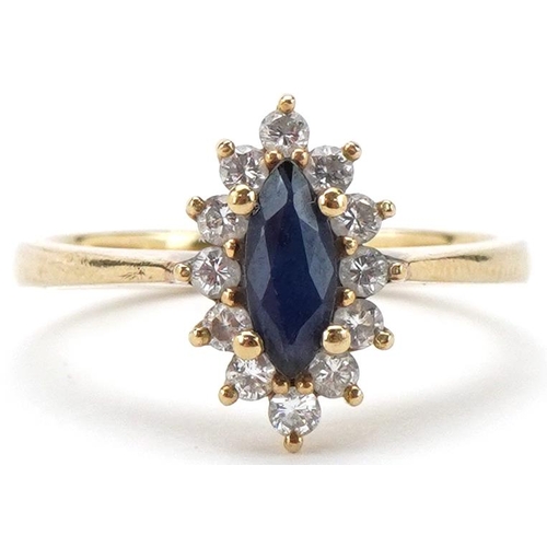 2066 - 9ct gold marquis sapphire and diamond cluster ring, size N, 2.7g