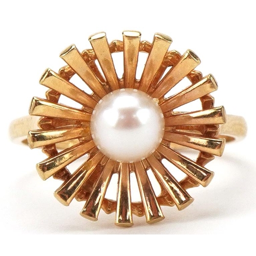 2258 - Modernist 9ct gold cultured pearl starburst ring, size P, 3.5g