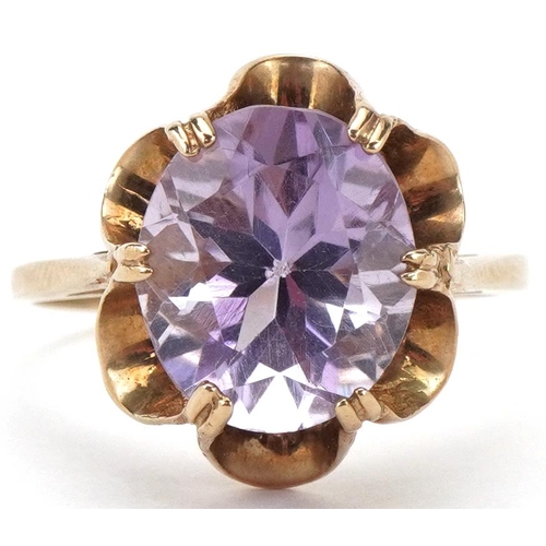 2266 - 9ct gold amethyst solitaire ring, the amethyst approximately 11.80mm x 10.80mm x 7.40mm deep, size Q... 