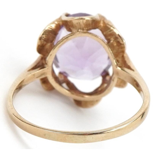 2266 - 9ct gold amethyst solitaire ring, the amethyst approximately 11.80mm x 10.80mm x 7.40mm deep, size Q... 