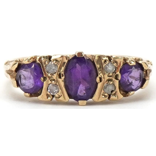 2262 - Victorian style 9ct gold amethyst and diamond seven stone ring with ornate setting, size N, 3.0g