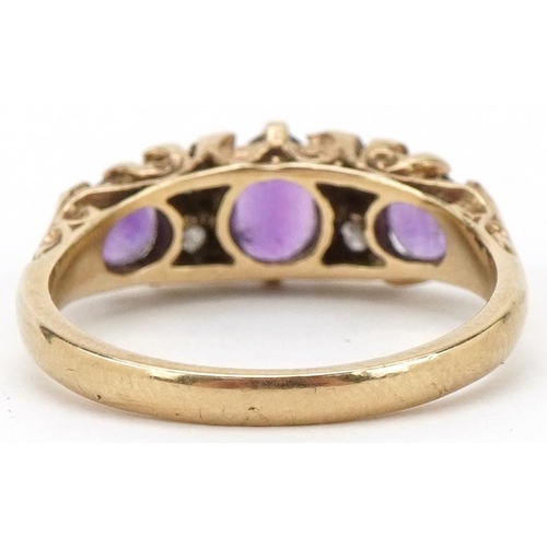 2262 - Victorian style 9ct gold amethyst and diamond seven stone ring with ornate setting, size N, 3.0g