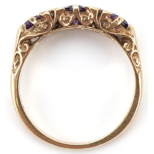 2262 - Victorian style 9ct gold amethyst and diamond seven stone ring with ornate setting, size N, 3.0g