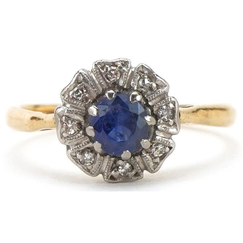 2255 - 18ct gold and platinum sapphire and diamond flower head ring, size L, 2.2g