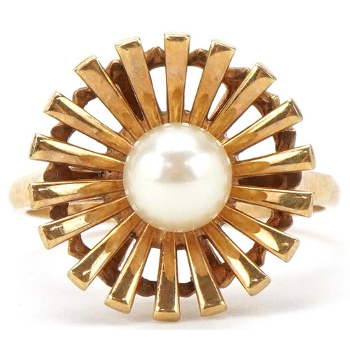 2284 - Modernist 9ct gold and cultured pearl starburst ring, size M, 3.6g