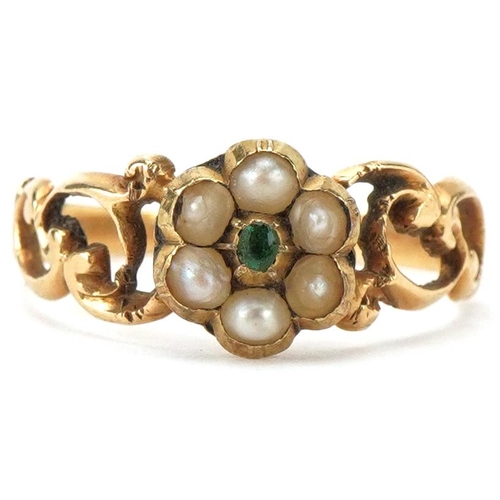 2246 - Antique unmarked gold emerald and seed pearl mourning ring with naturalistic pierced setting, size H... 